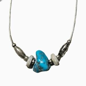 1970s Sterling Silver Liquid Shell Beads Turquoise Boho Bohemian Necklace